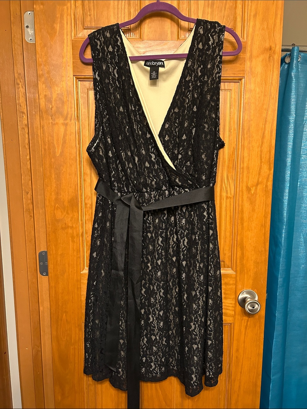 Lane Bryant Black Lace & Nude Surplice Dress with Ribbon Sash size 26